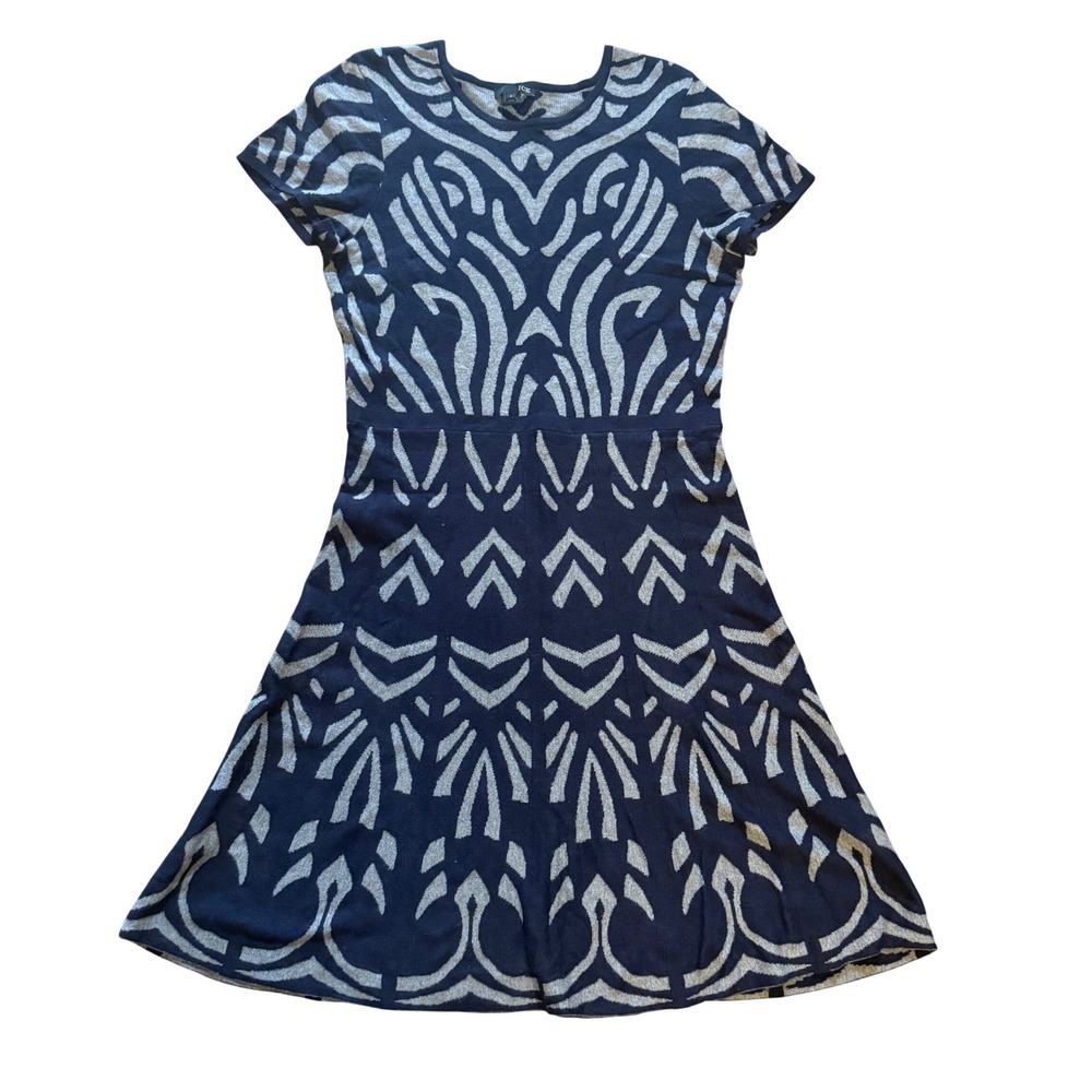 ICE Womens Large Navy Blue Grey Geometric Artsy Knit Fit & Flare Boho Dress